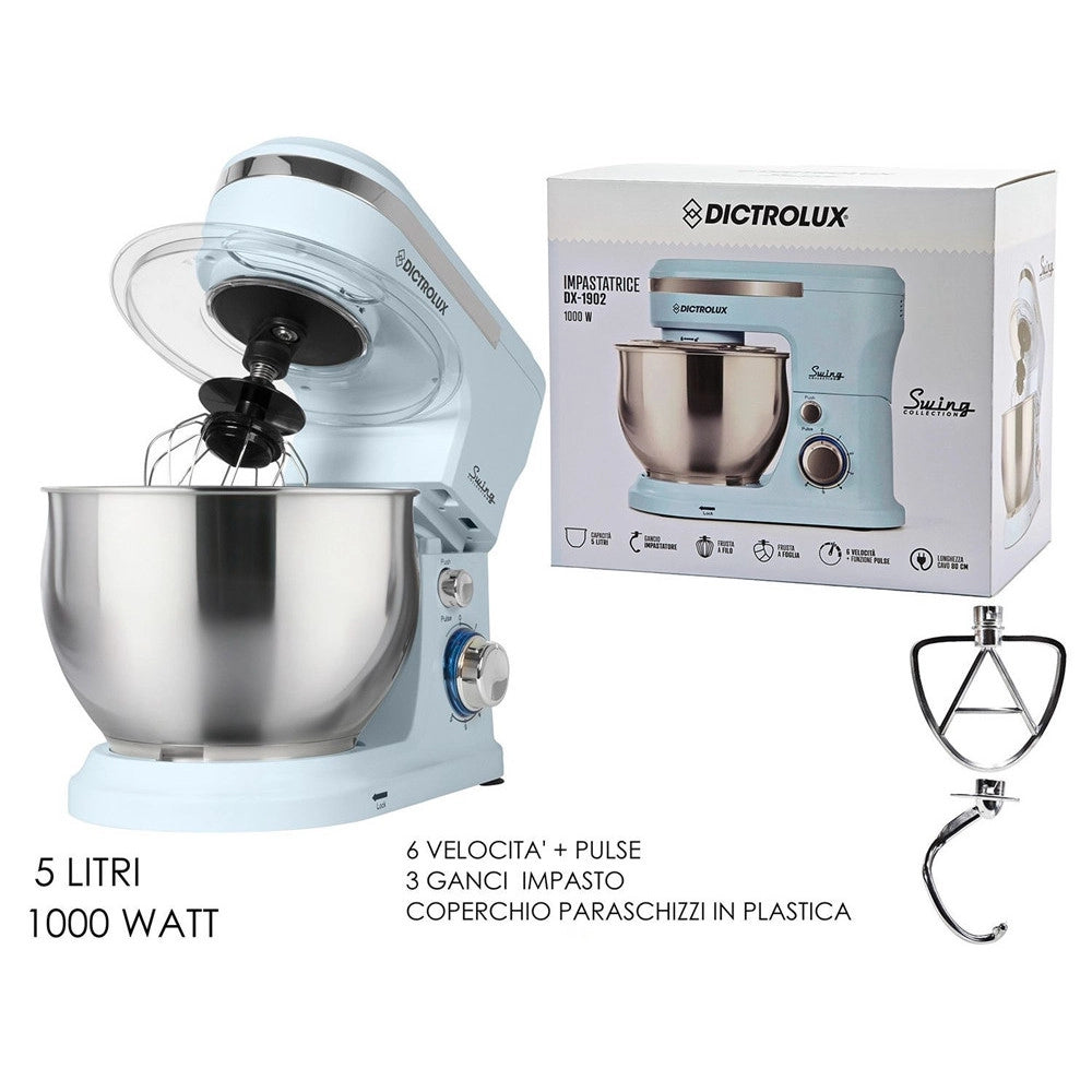 Trade Shop - Impastatrice Planetaria Da Cucina 1000w 5lt Con Coperchio Paraschizzi 3 Ganci 6 Velocità -