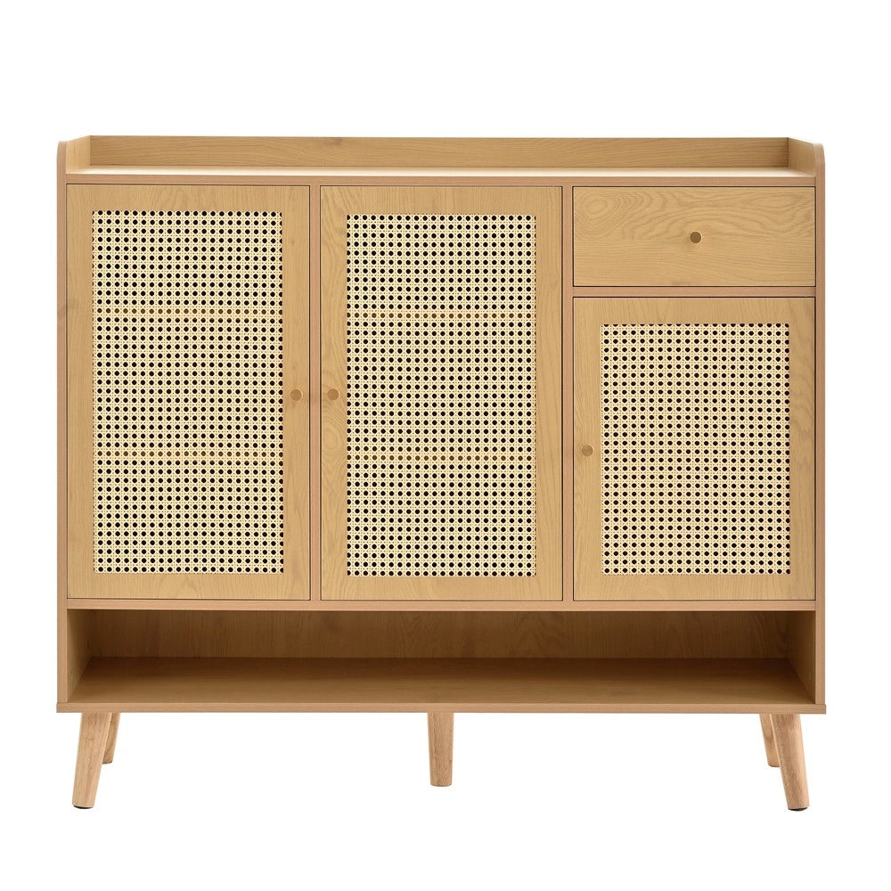 Scarpiera in Rattan con 3 Ante, 1 Cassetto e 5 Ripiani ¨C MINIMAL ¨C Legno Massello, 120x106x35 cm