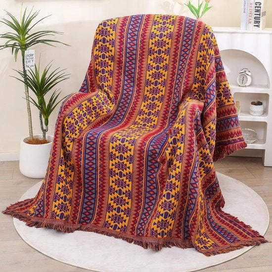 Deken Boho, con pennello, stile etnico, reversibile, coperta in cotone doppia faccia, 130 x 180 cm, adatto come coperta per divano, coperta per letto, coperta per poltrona e anche come coperta per divano.