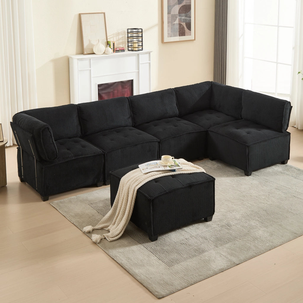OKWISH Divano Modulare 6 Posti, Configurazione a U o L e Funzione Letto, Tasche Laterali, Velluto a Coste, Nero
