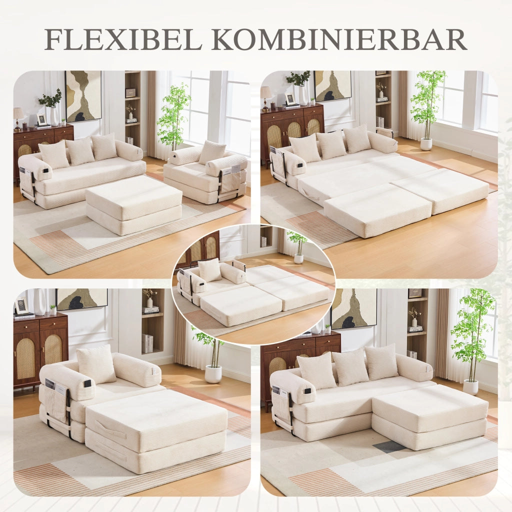 DIVANO modulare in velluto a coste beige con pouf