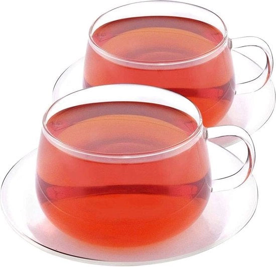 Set di 2 Tazza e Piatto da Tè | Tazza e piatto da tè in vetro borosilicato | Capacità 8,45 once - set da tè (2 pezzi) - Resistenti a microonde, frigorifero e lavastoviglie