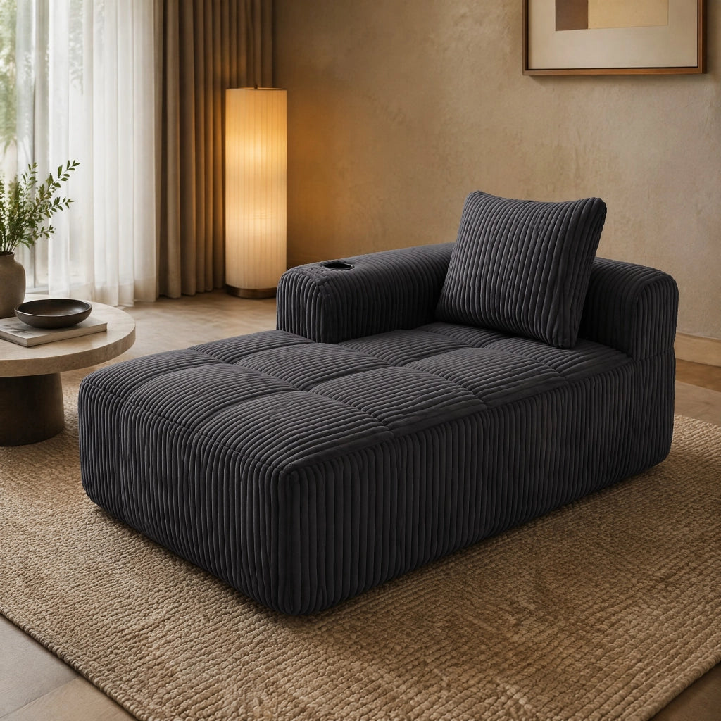 DIVANO compatto 158x93x61 cm in corduroy grigio scuro con tasche laterali e portabicchieri