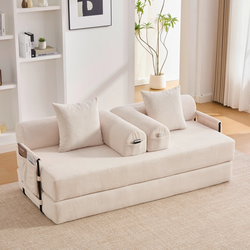 Divano modulare beige in velluto a coste con struttura in metallo; tasca laterale e 3 cuscini