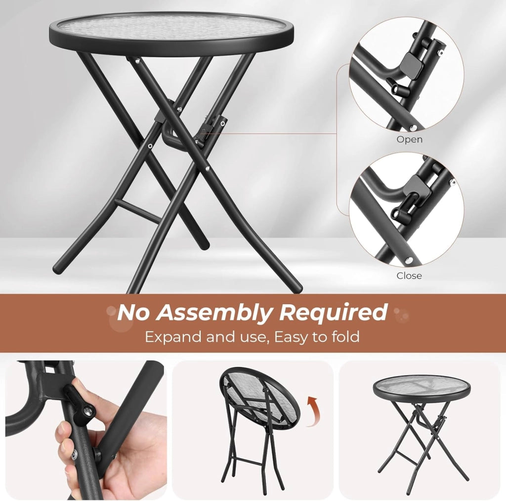 Set balcone 3 pezzi, Set Bistrot in metallo con 2 sedie pieghevoli e 1 tavolo pieghevole in vetro, Mobili da giardino pieghevoli,Gruppo di seduta per esterni per balcone piccolo,Nero