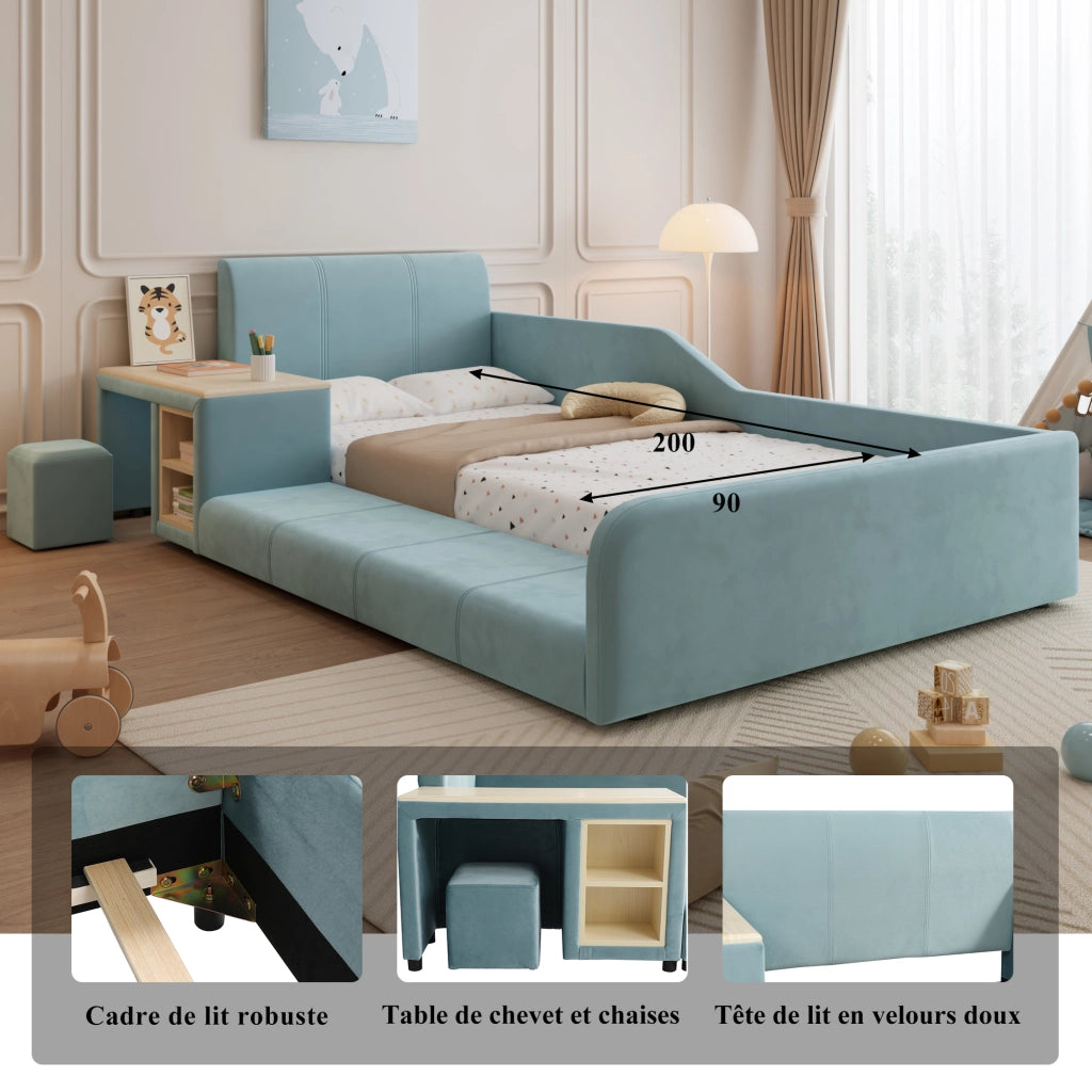 Letto con Sponda 90x200 cm; Letto Singolo - Scrivania; Sgabello e Ripiano - Blu