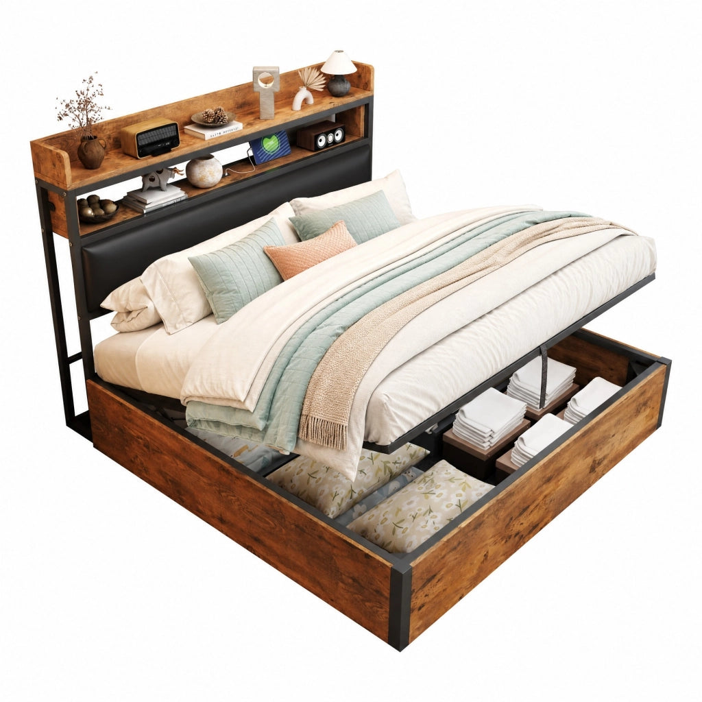 Letto matrimoniale 180x200 cm con contenitore idraulico; USB; testiera imbottita; nero