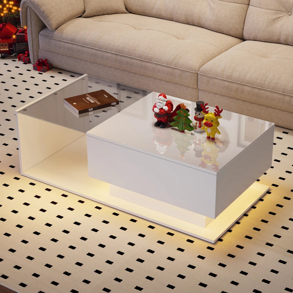Tavolino da salotto 100x50x32 cm; con LED intelligente e cassetto; truciolato; bianco