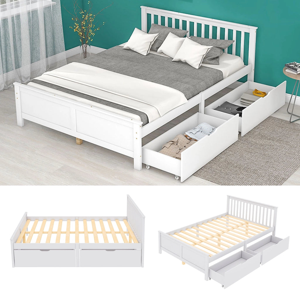 Letto Matrimoniale 140x200 cm con 2 Cassetti; Struttura in Legno; Bianco