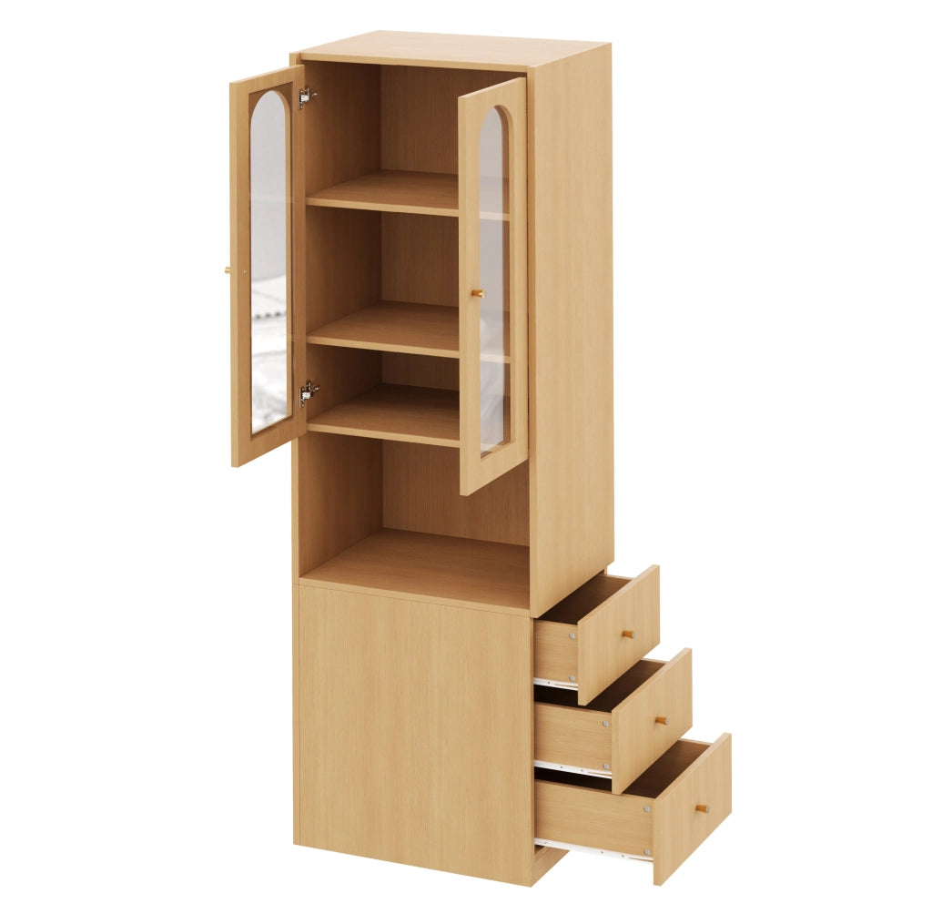 Libreria alta con 3 cassetti laterali; vetrina in vetro temperato e LED; 60×40×200 cm; MDF; rovere