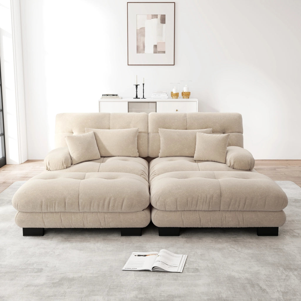 Divano modulare cloud con seduta profonda e 2 pouf mobili cuscini lombari e decorativi in chenille caffè chiaro
