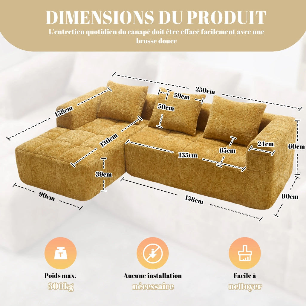 OKWISH Divano ad Angolo 3 Posti, Modulare con Chaise Longue e Tasche Laterali, Ciniglia, Giallo, 250 × 158 × 60 cm