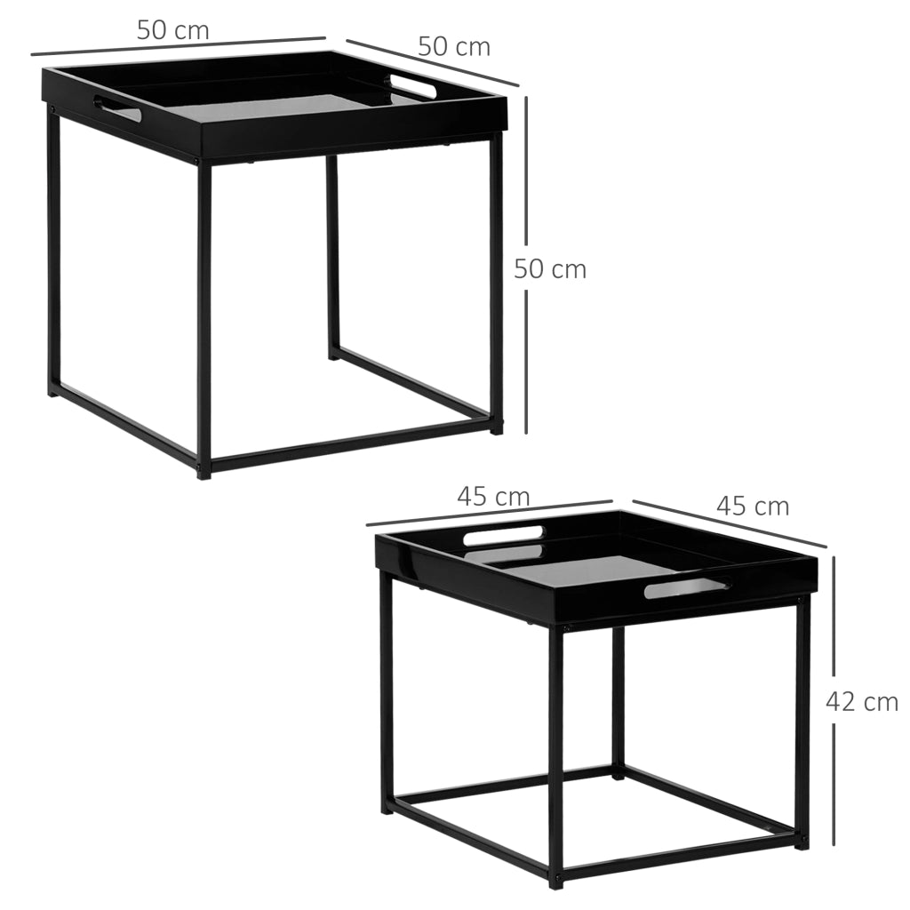Easycomfort Set da 2 Tavolini da Caffè Impilabili con Finitura Lucida e Telaio in Acciaio, Nero