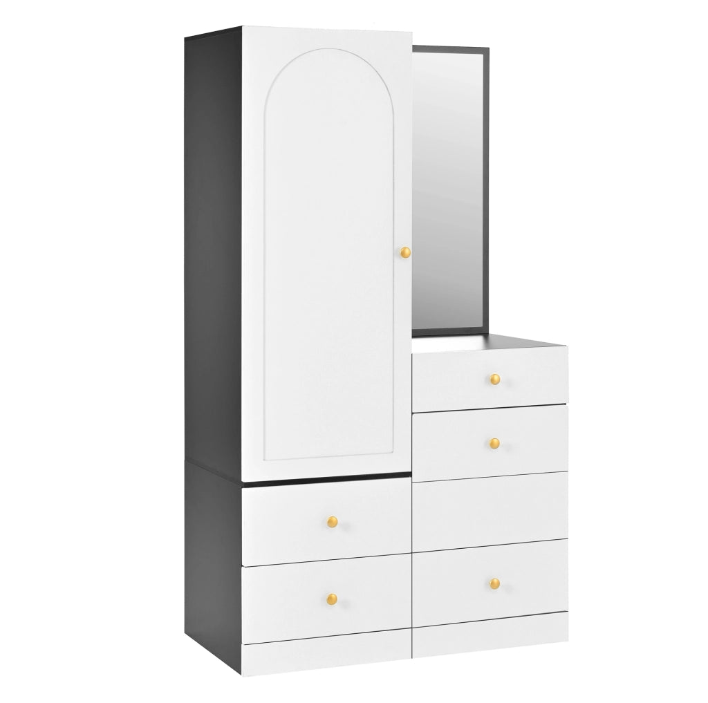 Armadio combinato con specchio a figura intera e sgabello estraibile 90x50;5x160 cm; MDF bianco e nero