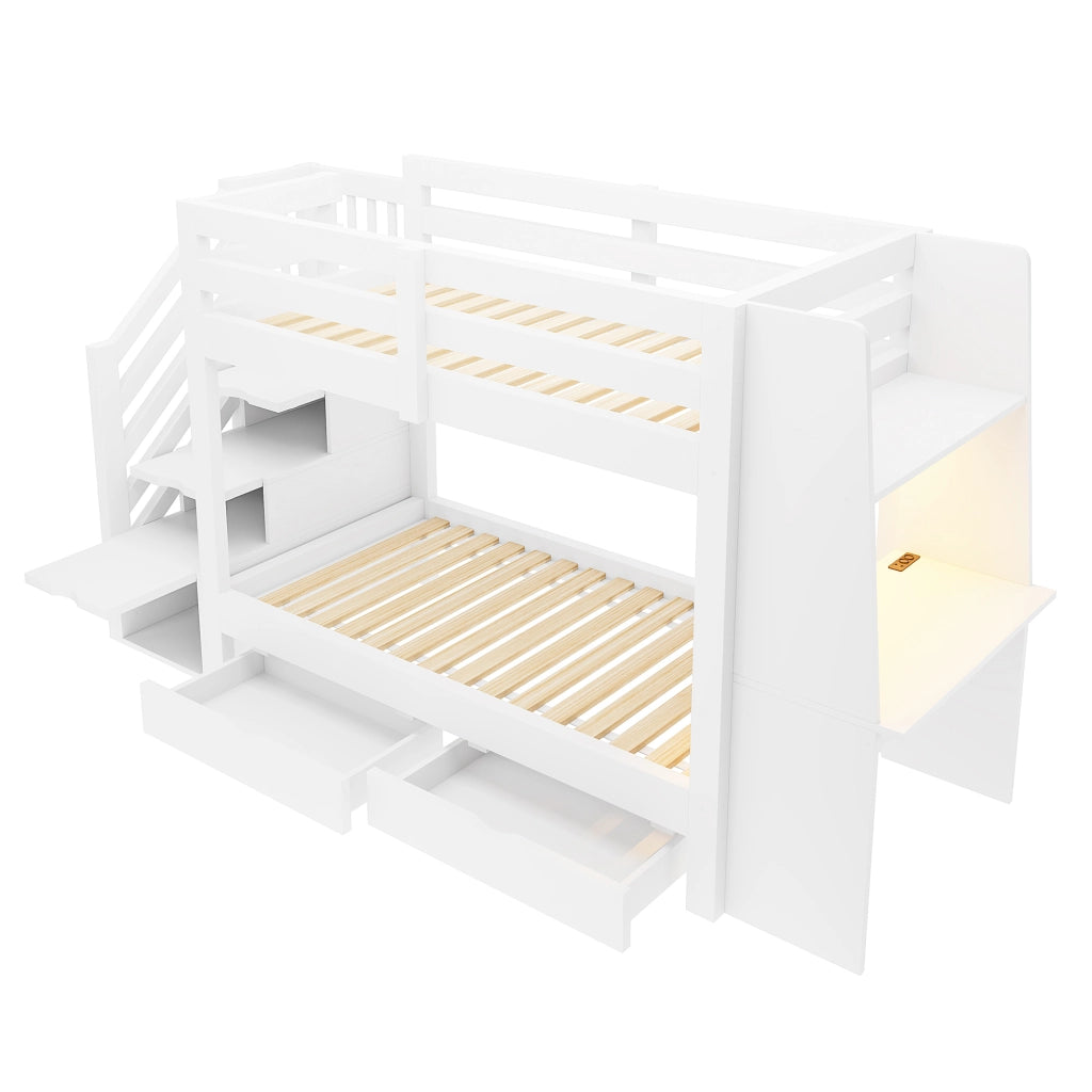 Letto a soppalco 90x200 cm con scrivania; libreria; LED e cassetti; bianco