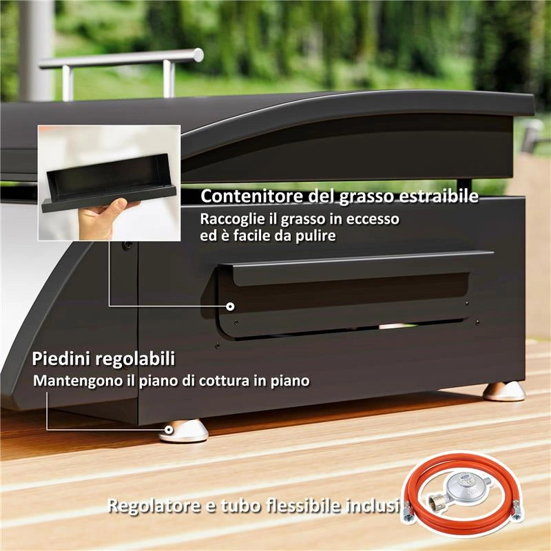 PIASTRA A GAS IN ACCIAIO SMALTATO CON 3 BRUCIATORI POTENZA 7.5KW 3 ZONE DI COTTURA E COPERCHIO NERO