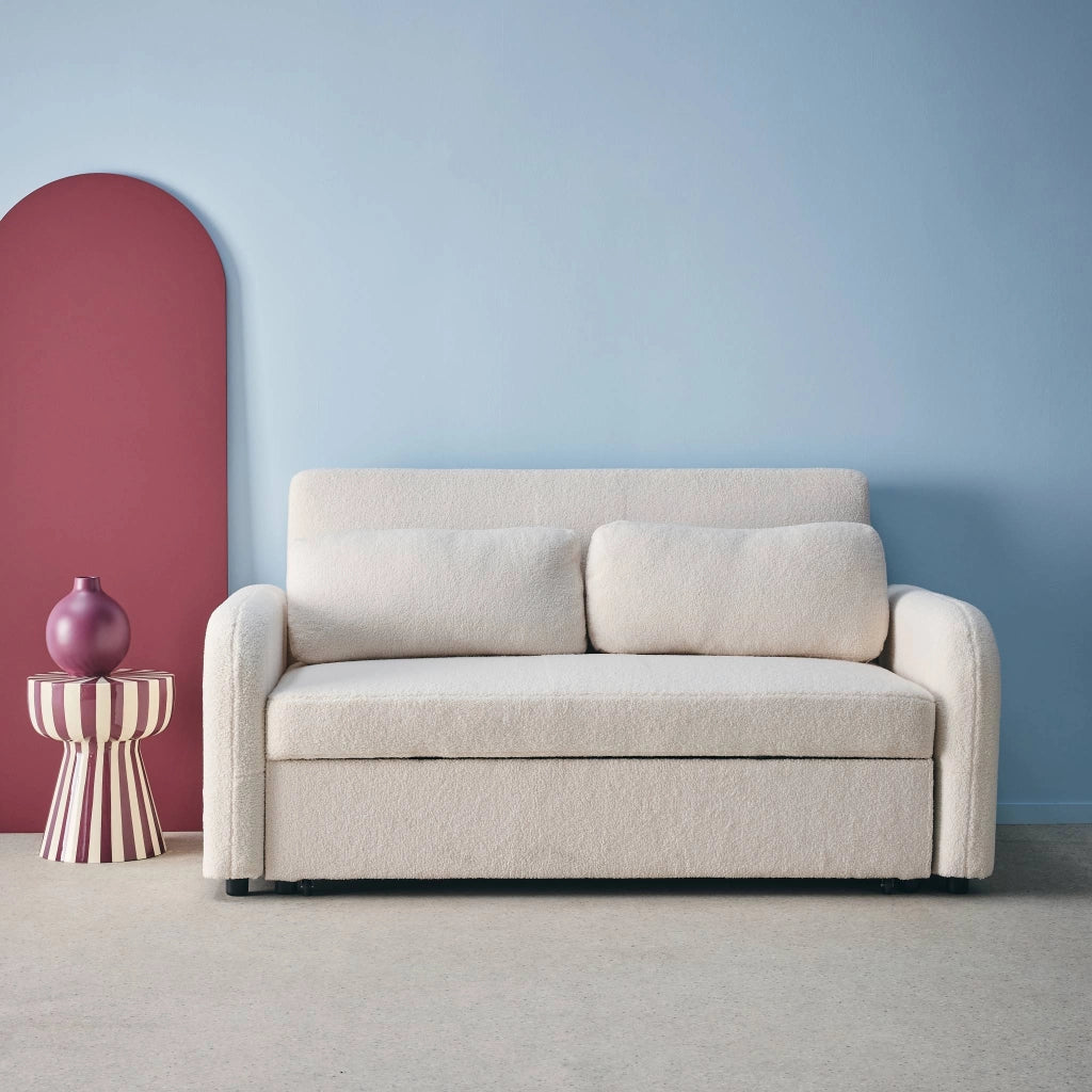 Divano letto arrotondato in tessuto bouclé, 2 posti, crema