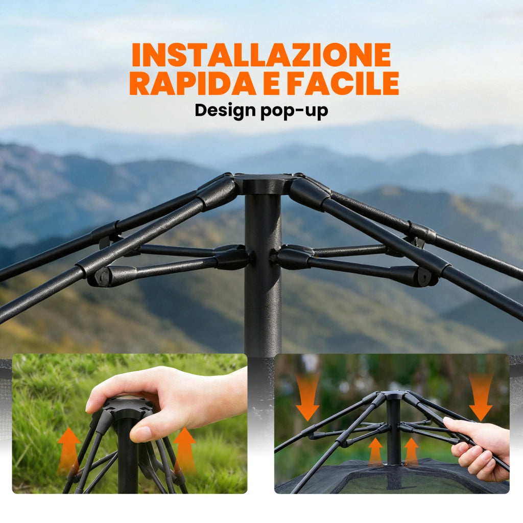 Tenda Pop-Up per 2-3 Persone con Finestre in Rete e Borsa, 240x240x160 cm, Cachi
