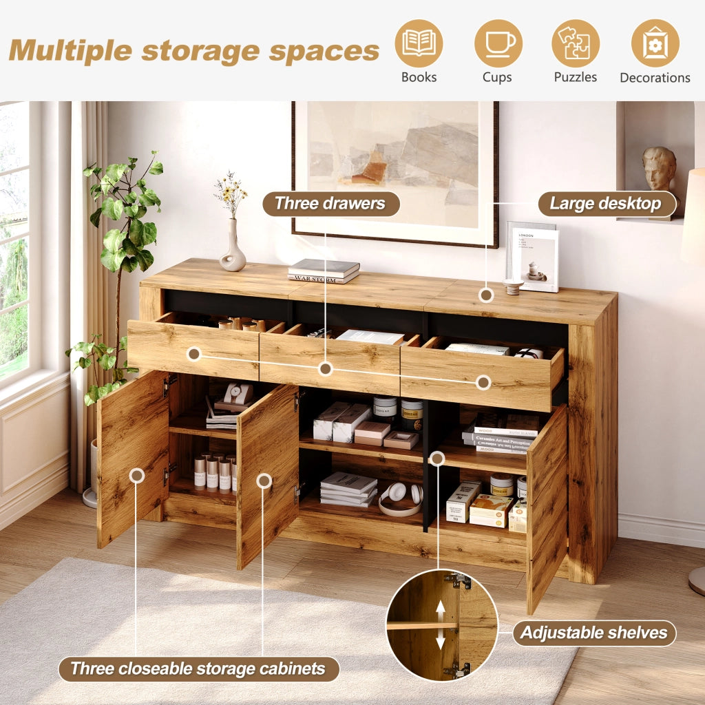 Credenza e madia con 3 cassetti e ripiani regolabili, per soggiorno e ingresso, in truciolare, naturale, 135 × 35 × 70 cm