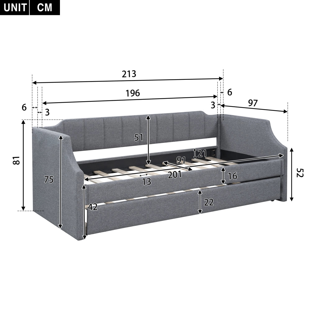Letto singolo con letto estraibile 90×200 cm e 90×190 cm con cuscini imbottiti; senza materasso; grigio