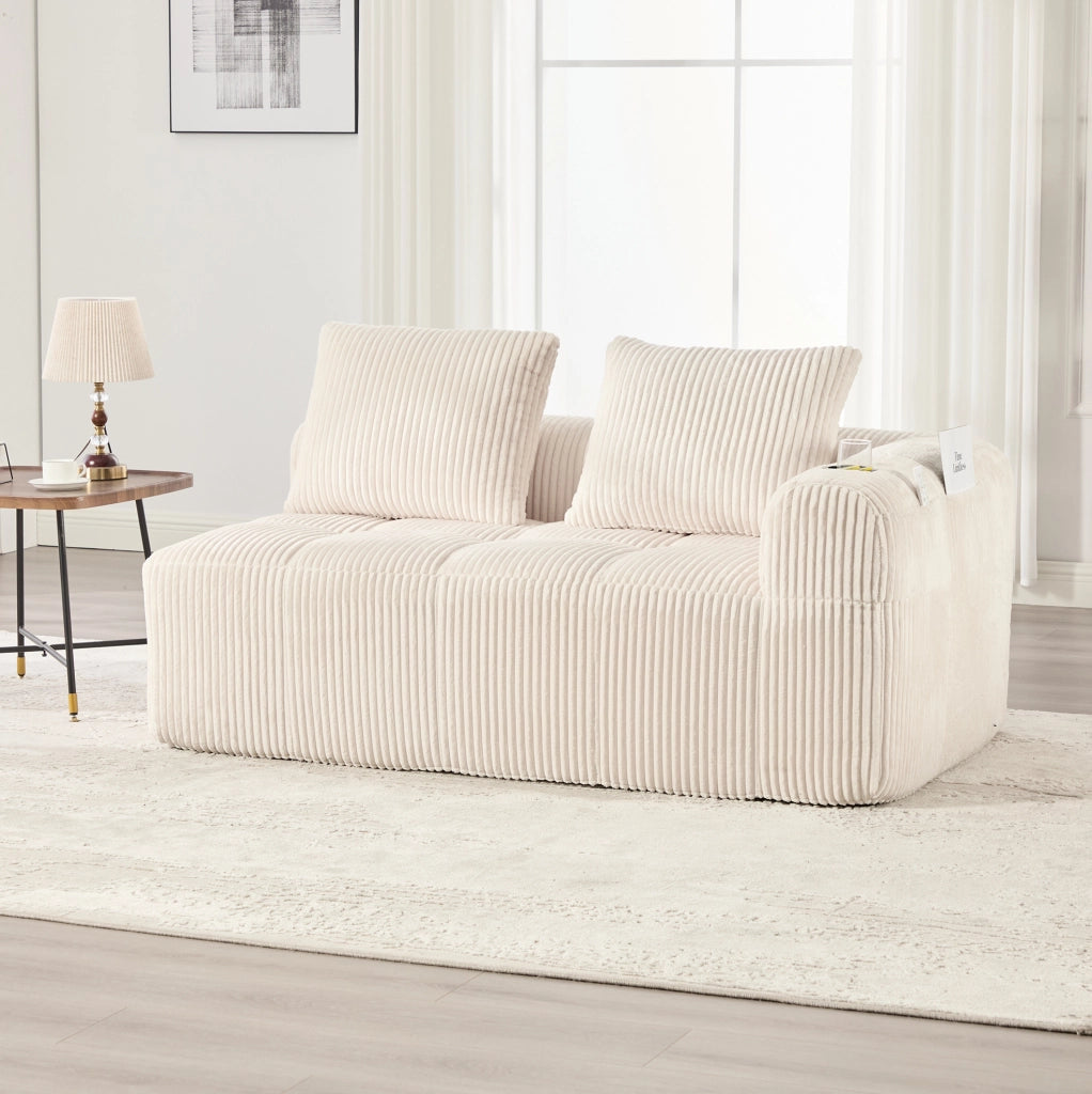 Divano a 2 posti in tessuto a coste beige con tasche laterali e portabicchieri 158 x 93 x 61 cm