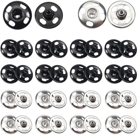 Confezione da 60 pezzi di drukknopen in nero e argento per manutenzione di abbigliamento, 7 mm