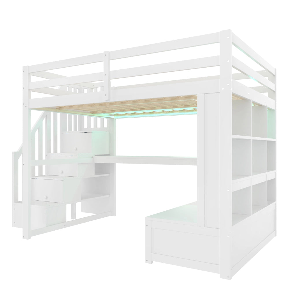 Letto a castello bianco con scrivania e scaffali in MDF e pino 140x200 cm