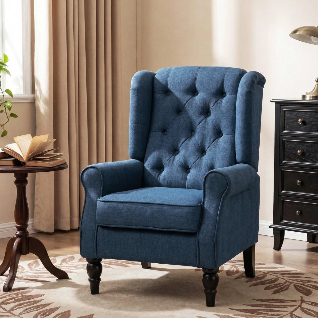 Poltrona per Salotto in Stile Francese con Seduta Imbottita e Cuscini, in Velluto, 74x86x102 cm, Blu