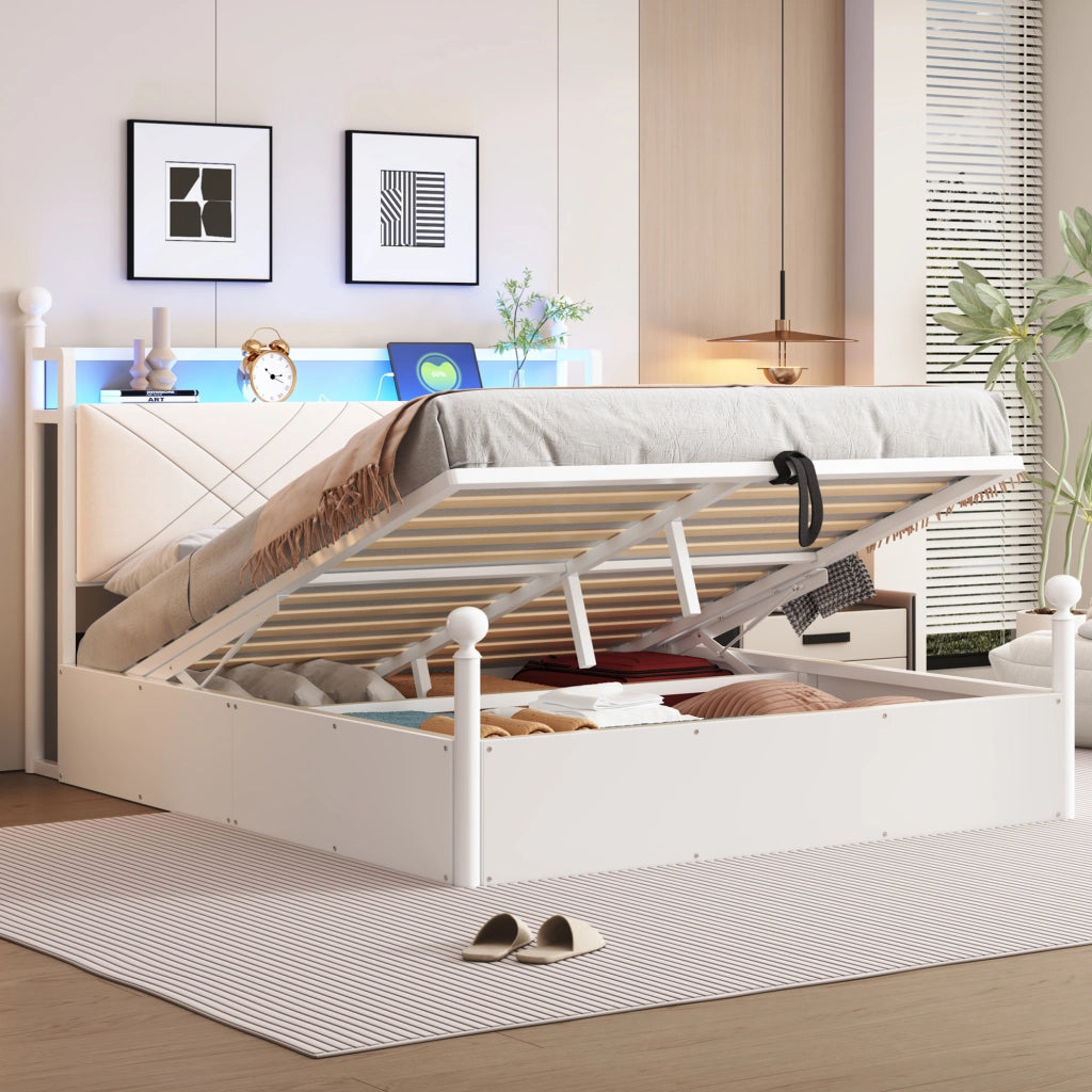 Letto matrimoniale multifunzione 140x190 cm in metallo bianco con baldacchino removibile; contenitore; LED e USB