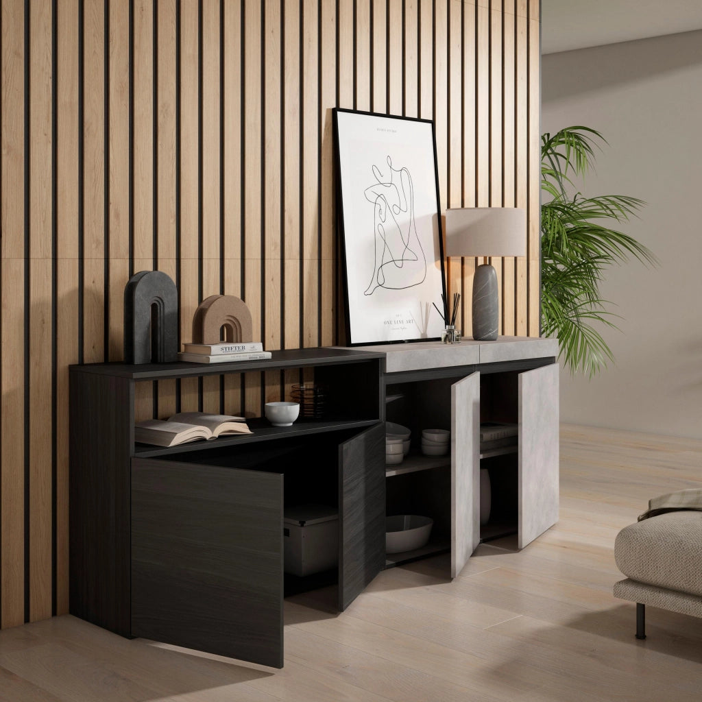 Credenza, Mobile, 200x35x75cm, 4 Porte, grande stoccaggio, grigio cemento RF2407