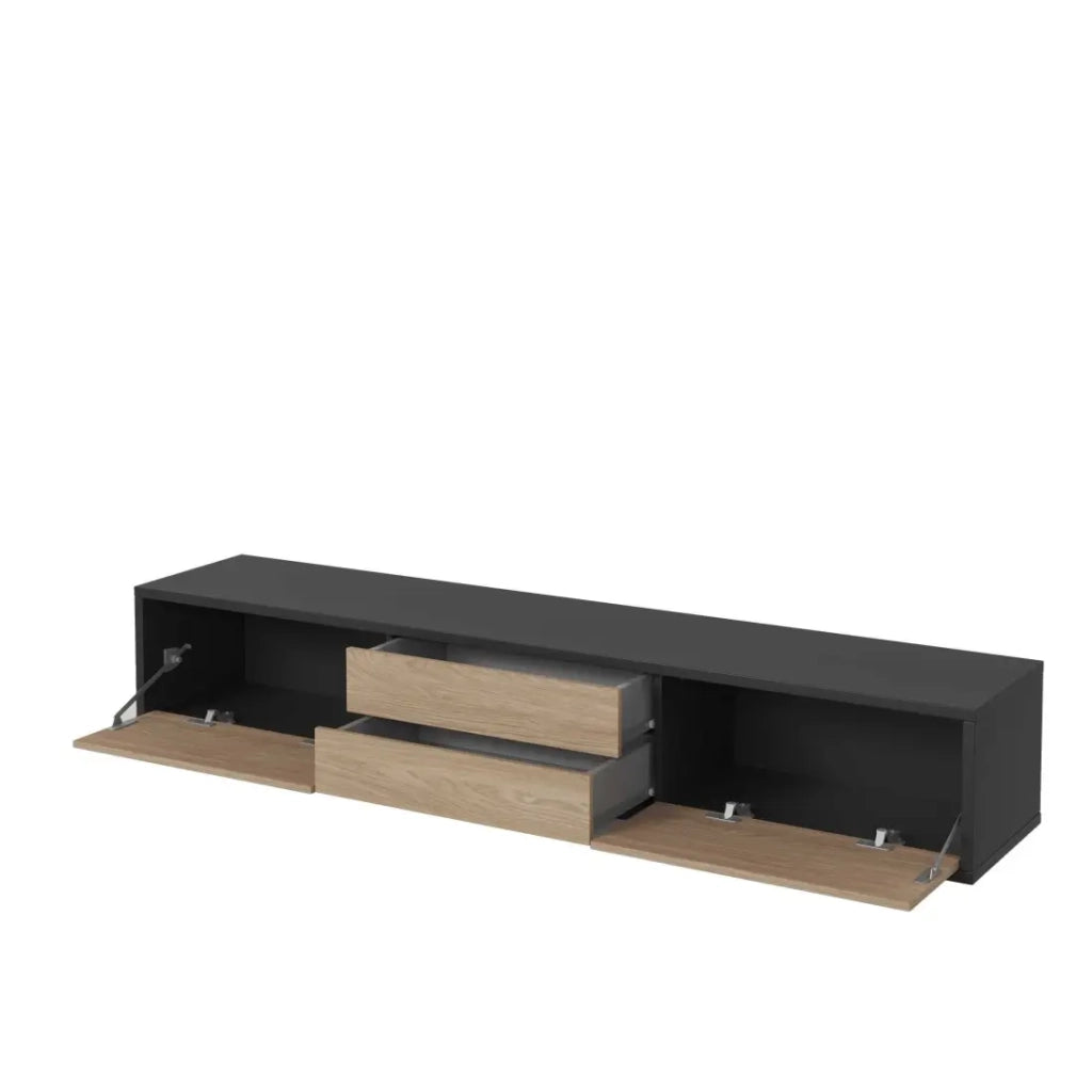 Mobile TV 180cm, 2 cassetti e 2 porte collezione MAANUM. Colore grigio e rovere chiaro.
