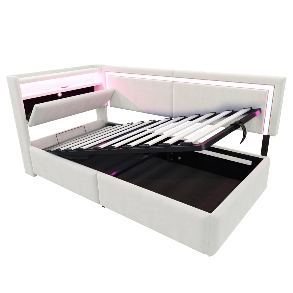 Letto imbottito con contenitore ¨C Minimal ¨C velluto beige 90x200 cm con led idraulico