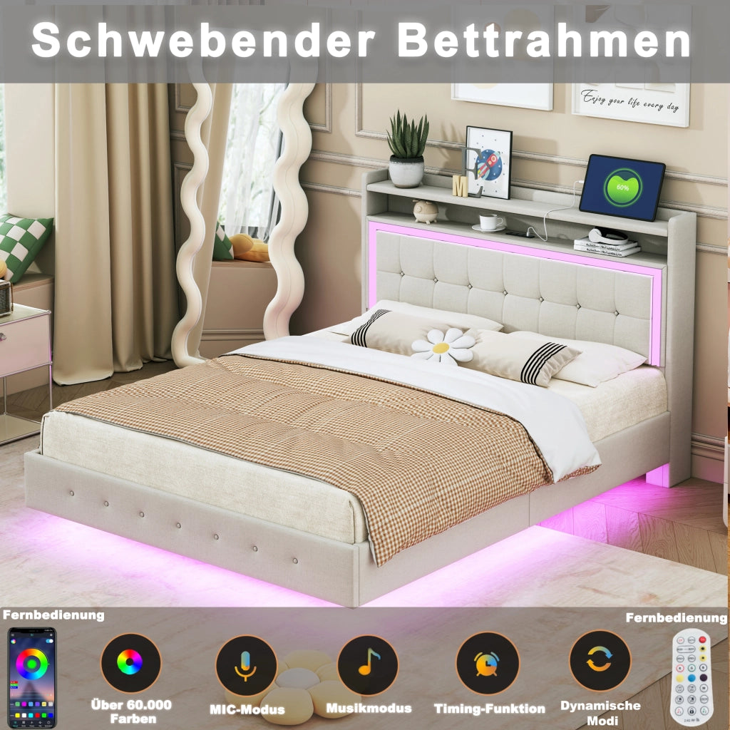OKWISH Letto Imbottito 140×200 cm, Letto Matrimoniale con Porta USB, LED Regolabile e Contenitore in Testata, senza Materasso, Beige