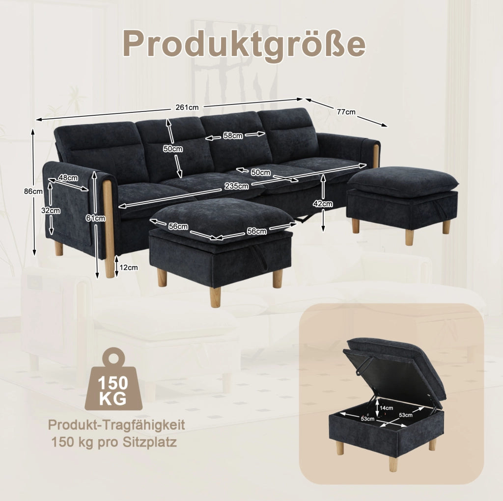 Divano modulare a U a 4 posti con 2 pouf contenitore; in chenille nero; 261 x 77 x 86 cm