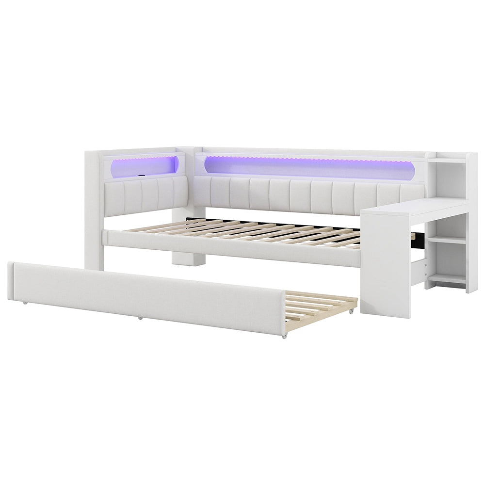 Letto a giorno-Xylo-90x200 cm-USB, LED, letto ribaltabile, scrivania, bianco