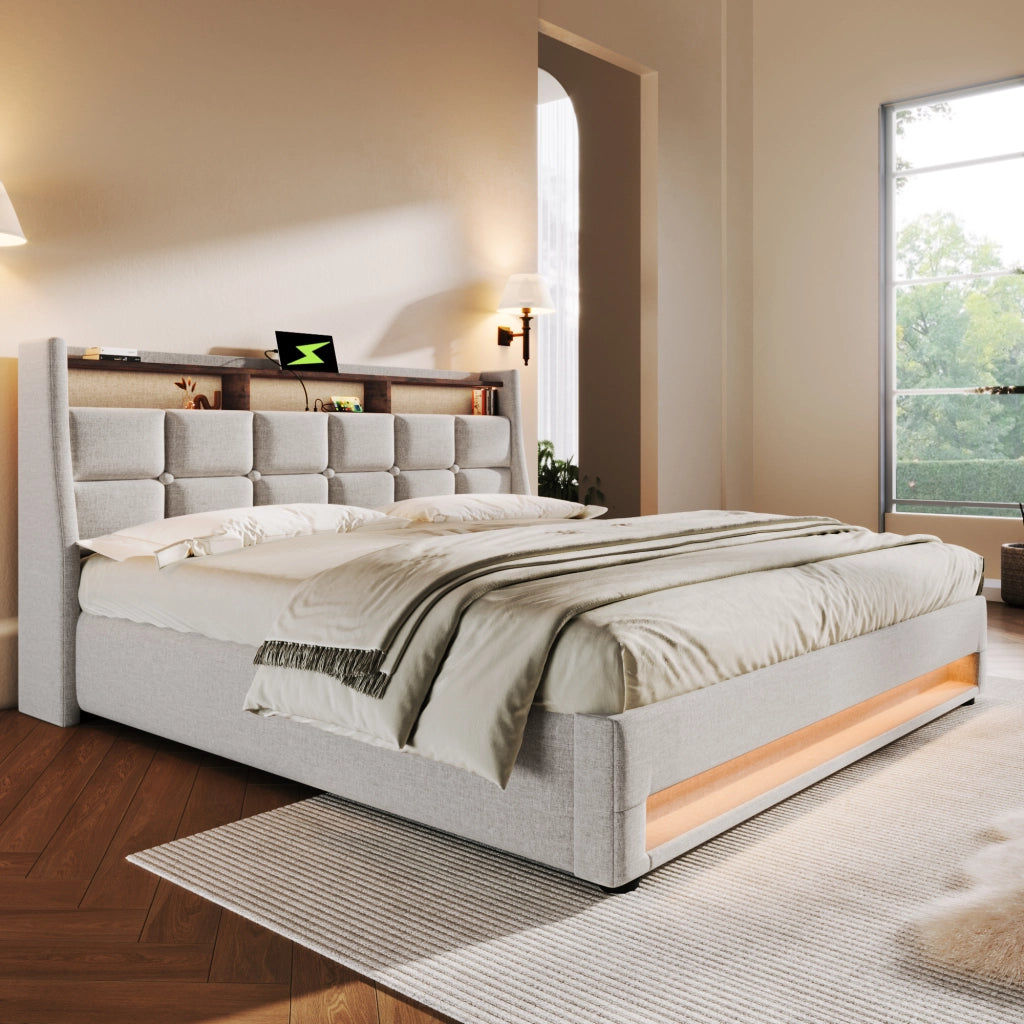 Letti contenitori 180x200 cm; LED e USB; lino; beige chiaro (Senza materasso)