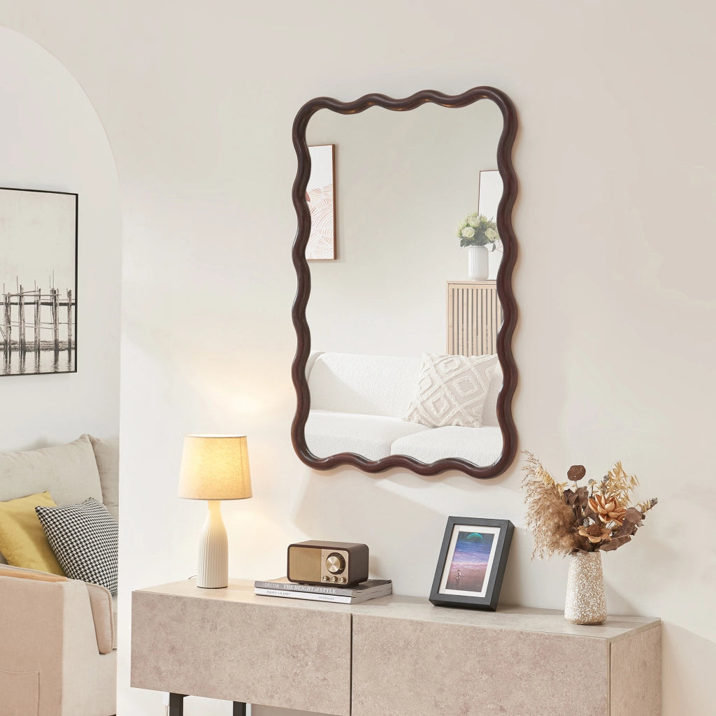 Specchio Ondulato da Parete Porloskid Montaggio Verticale e Orizzontale 90x60 cm Marrone Scuro [en.casa]