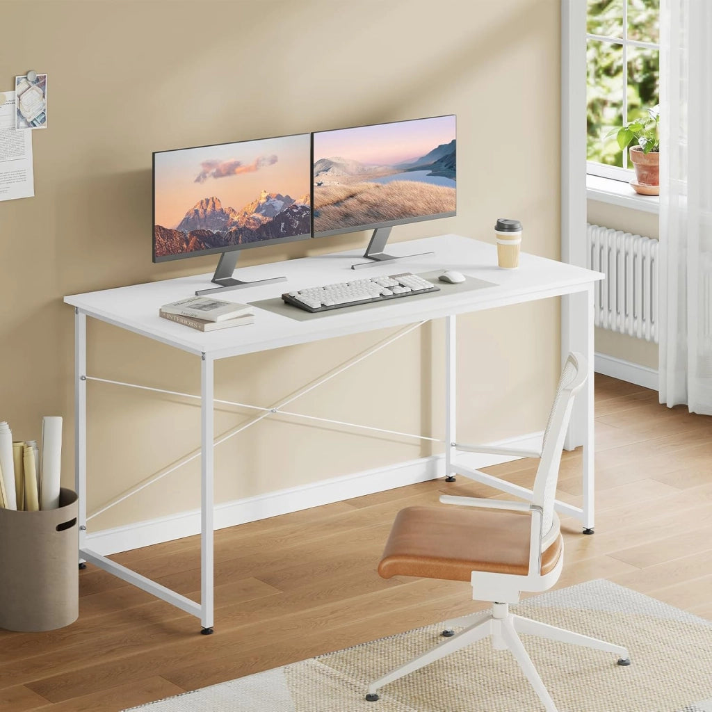 Scrivania per Computer, 140x60 cm, Tavolo da Lavoro con Struttura in Metallo, per Ufficio Casa Studio Camera da Letto, in Materiale a Base di Legno, Rovere Chiaro