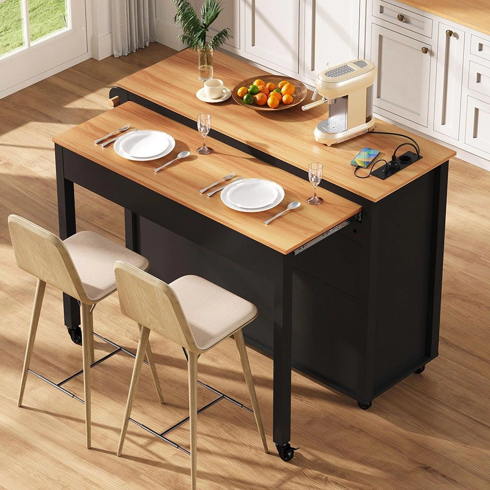 Isola cucina mobile - Xylo - Nero - Estensibile con piano lavoro e vano pattumiera