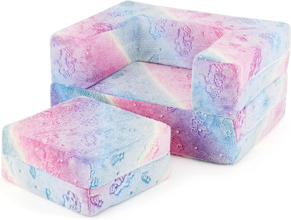 Divano Pieghevole per Bambini 5 in 1 Brilla al Buio, Poltrona Modulare con Cuscino, Fodera Lavabile in Lavatrice e Riempimento in Schiuma (Unicorno Arcobaleno)