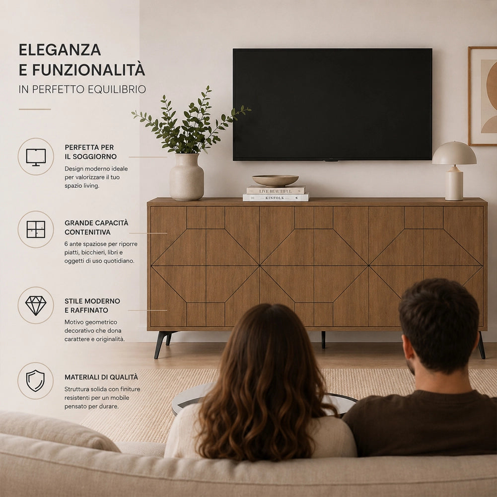 Madia con 6 Ante Credenza Design Geometrico Moderno in Legno 184x77 cm Rovere