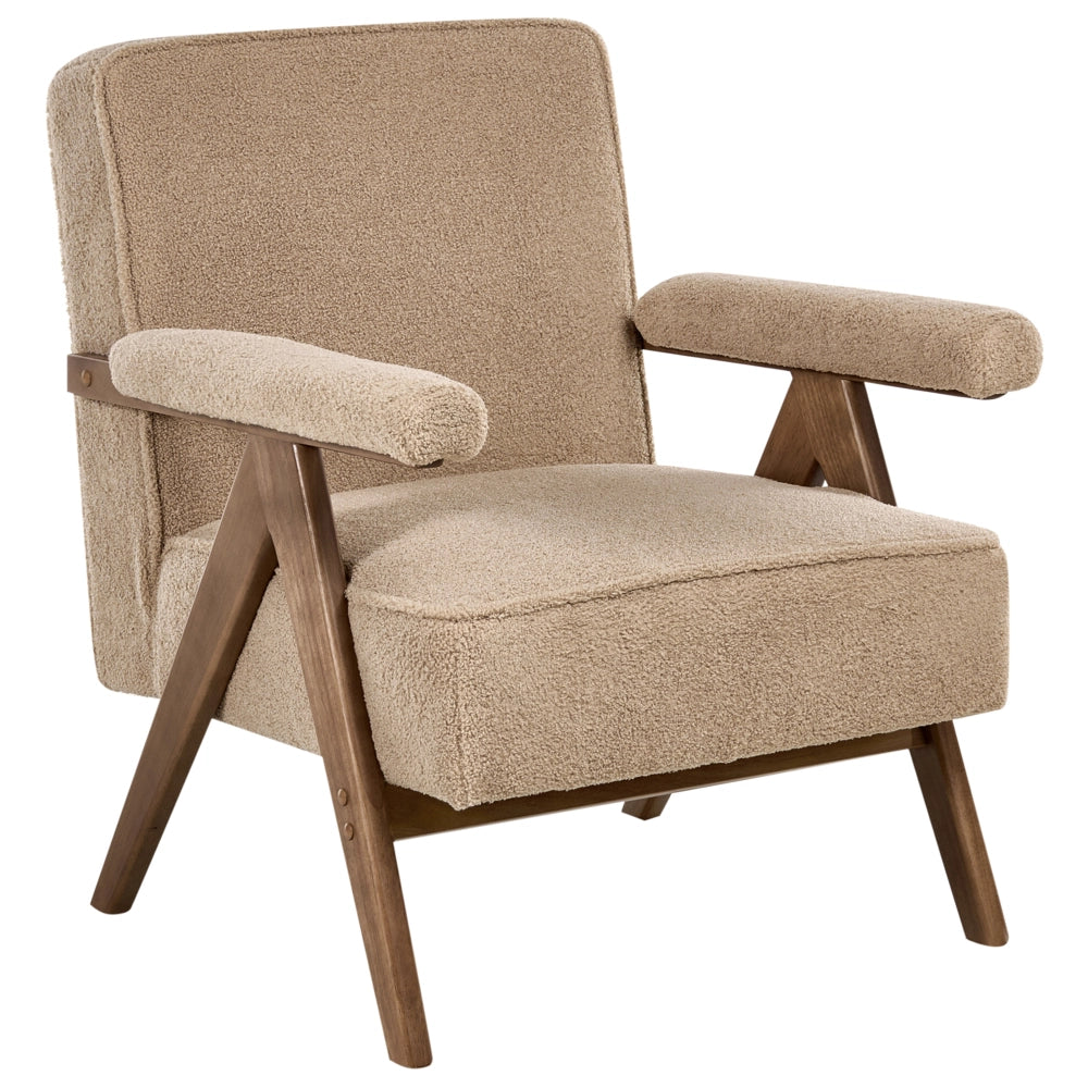 Poltrona con rivestimento in tessuto boucle beige Evje Design Retrò Struttura in legno Braccioli Soggiorno