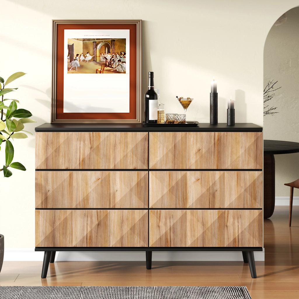 Credenza a 6 cassetti con frontali rialzati, struttura in MDF e pannello truciolare, nero e naturale 120 × 40 × 85 cm