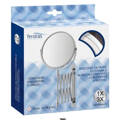 Specchio beauty a muro estensibile in acciaio cromo con ingrandimento