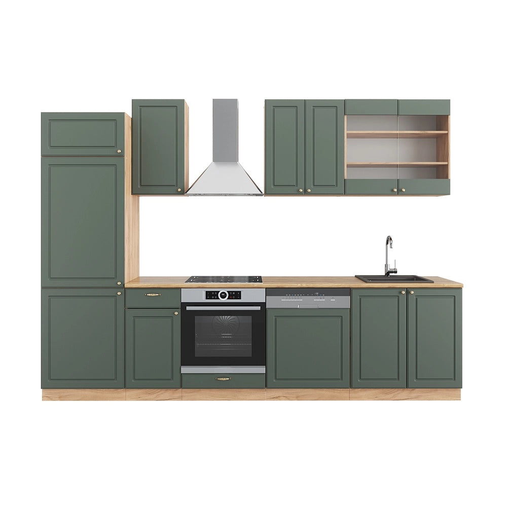 Cucina componibile Fame-Line Verde-oro rustico/Rovere dorato 300 cm senza piano di lavoro Vicco