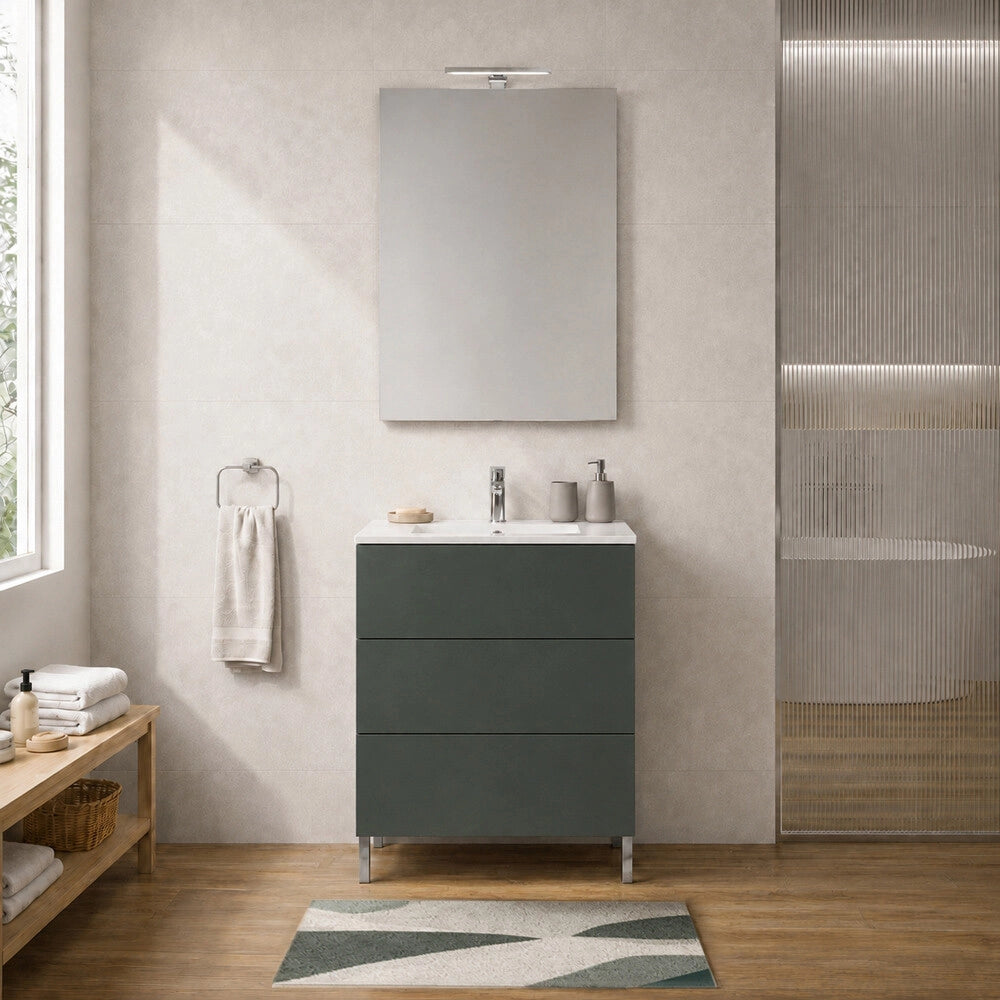 Mobile bagno a terra 60 cm verde tre cassetti push-pull con lavabo Tierra