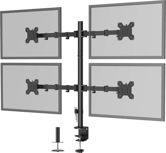Braccio di Regolazione per Monitor per 4 Schermi da 13 a 27 pollici con Rotazione 360° e ±45° Inclinazione - 10kg per Braccio - VESA 75x75/100x100