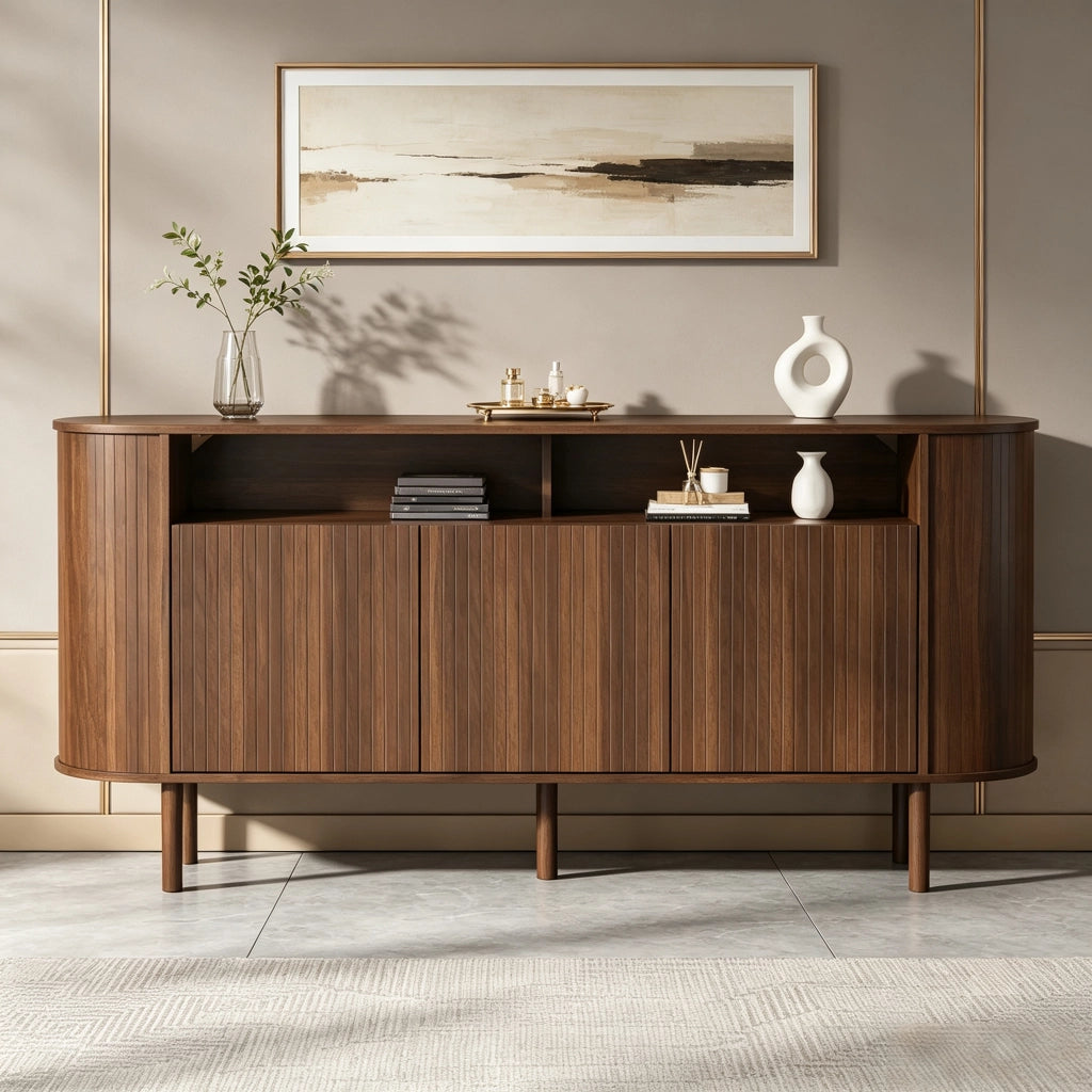Credenza con 3 ante e vani aperti - per soggiorno - truciolare - 160×40×78.5 cm - noce