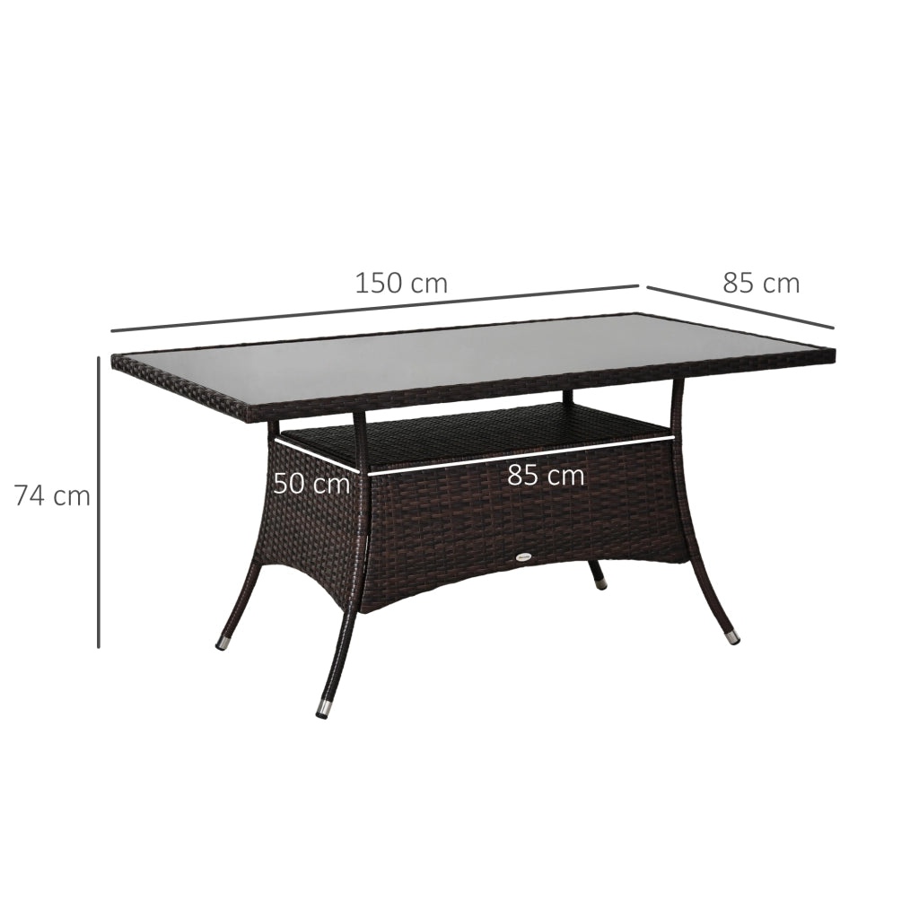 Tavolo da giardino in polyrattan con piano in vetro di sicurezza marrone per interno ed esterno 74 × 150 × 85 cm
