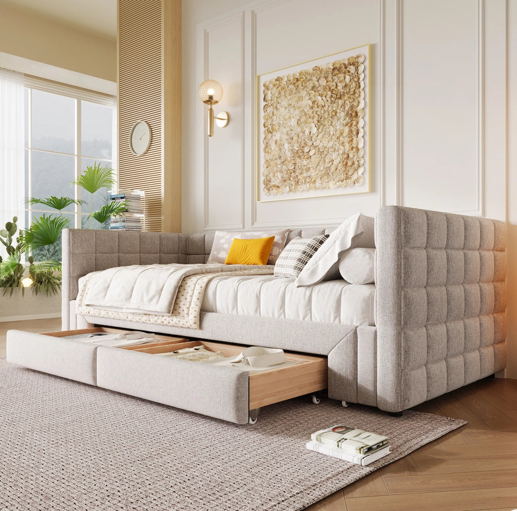 Letto a divano 90x200 cm estensibile; 2 cassetti; velluto; beige; (Senza materasso)